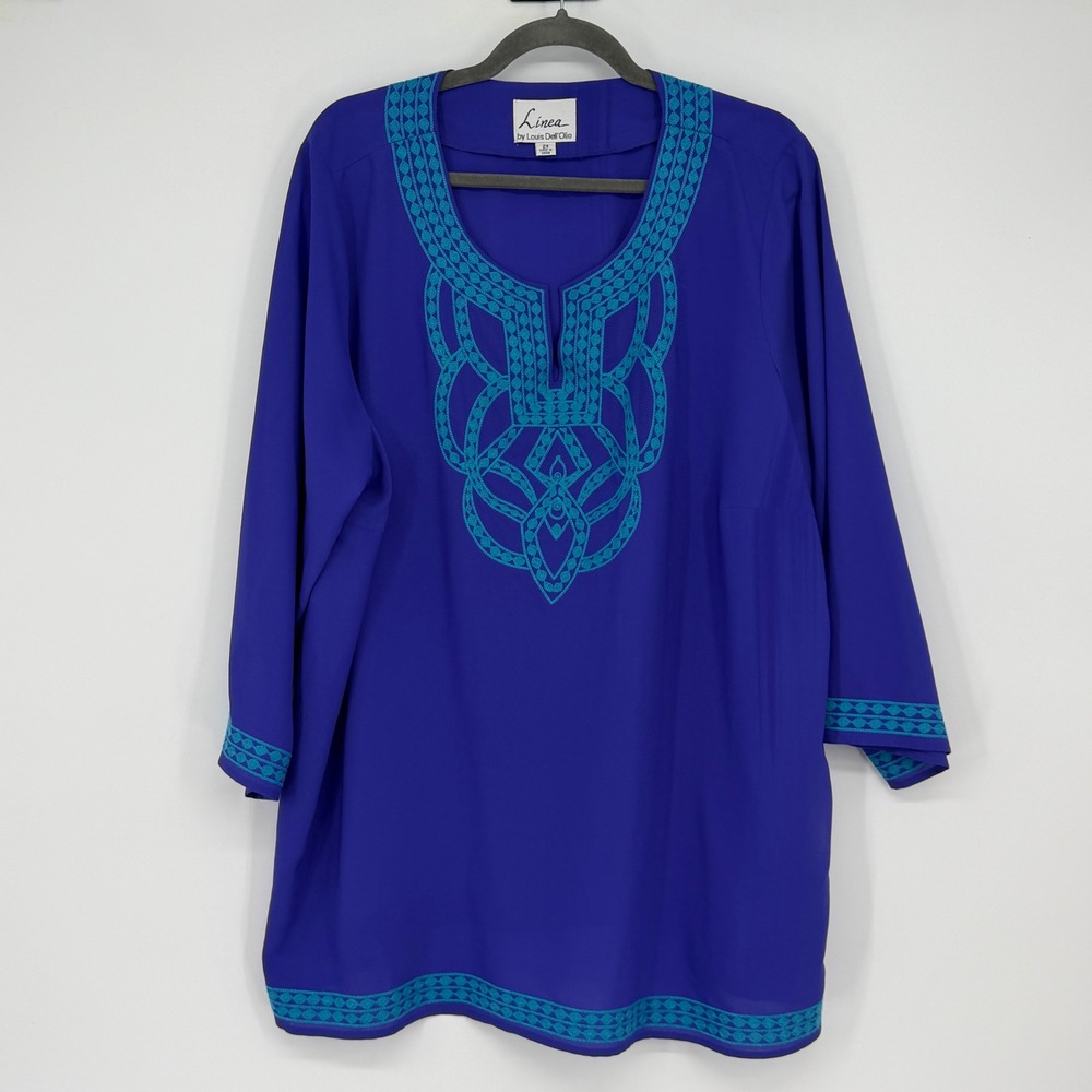 Linea by Louis DellOlio Womens 2X Royal Blue Teal Embroidered Tunic Top Boho